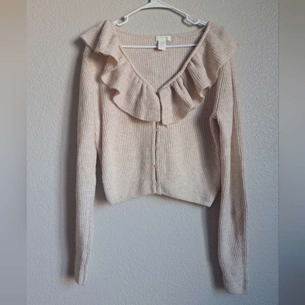 H&M Super Soft Cardigan in Cream / Taupe with Ruffled Collar, Size M